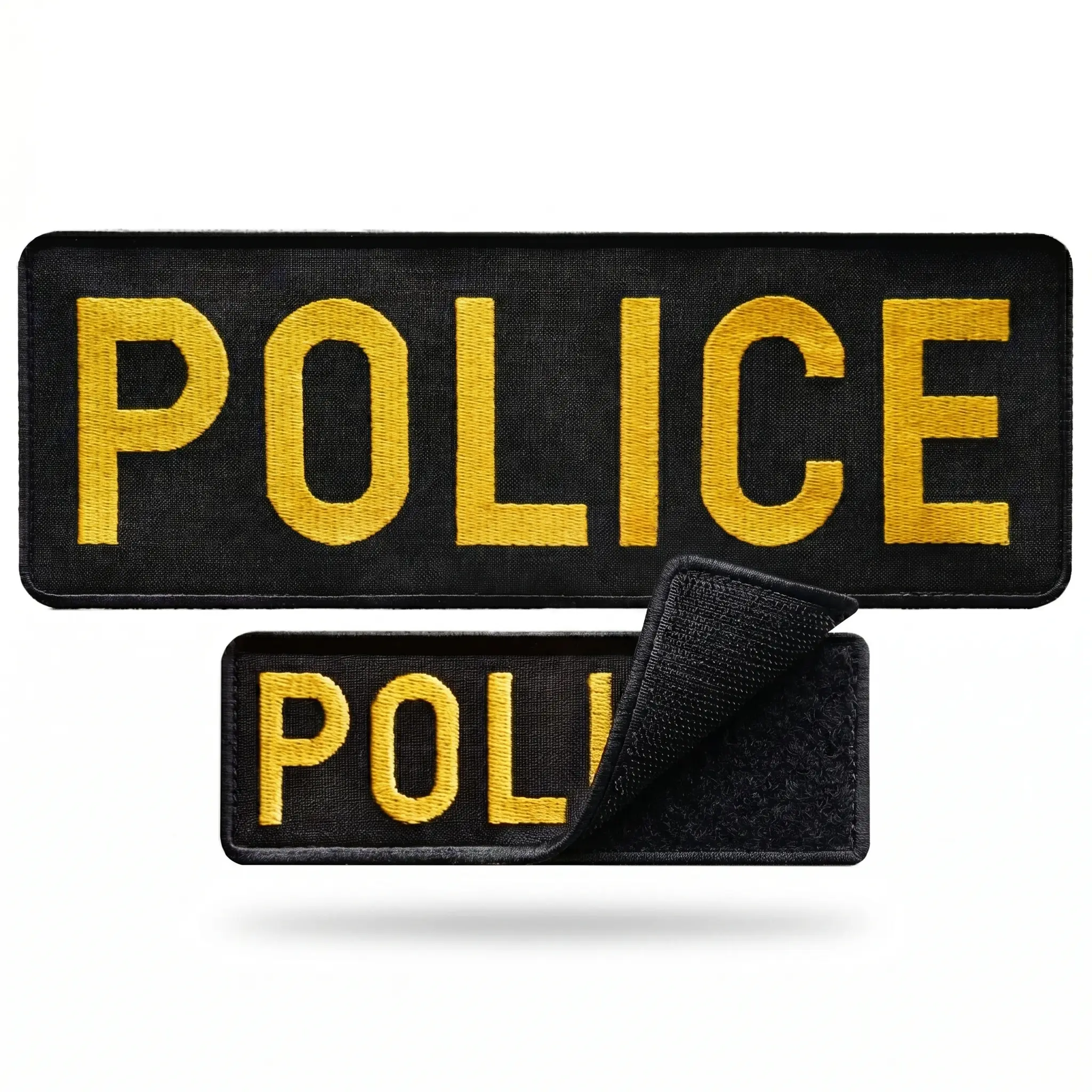 2Pcs Police Patch Set, Embroidered Yellow-on-Black Tactical Patches with Hook Backing for Vest, Jacket, Backpack, Hat, Dog Harness — Large & Small Sizes