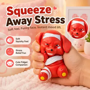 Cute Red Dog Squishy Toy with Bandage Character Design, Funny Grumpy Face Squeeze Fidget for Stress Relief, Pocket Size Birthday Party Favors, Novelty Goodie Bag Fillers Toy Gift for Party Activities Supplies Manual Jar and Lid Opener