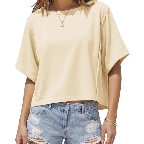 Fisoew Sports 2026 Womens Oversized Crop Tops Summer Short Sleeve Crewneck T Shirts Casual Loose Basic Tee Workout Shirts,summerwins,summeroutfits,vacationoutfits,beachoutfits,back to school,back to school shopping