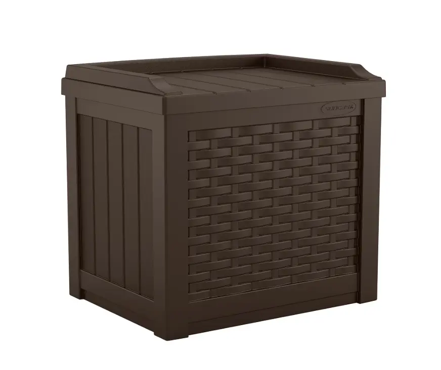Suncast 22 Gal Outdoor Resin Wicker Storage Bench - Deck Storage Box with Seat, Java Brown