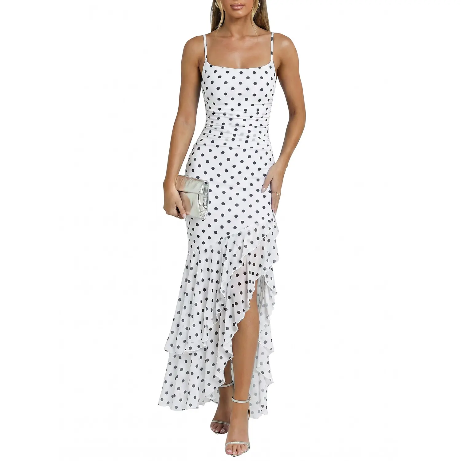 Kaximil Women's White Polka Dot Sleeveless 2026 Ruched Spaghetti Strap Ruffle Mermaid Snatched Fit Maxi Dress - Breathable Mesh Formal Wedding Guest Dress, Graduation Option, Slightly Sheer (Nude Underwear Suggested), Dresses To Wear To A Wedding, Wedding