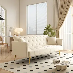 72" Modern Velvet Sofa Bed Futon, Convertible Sleeper Couch with Adjustable Backrest, Tufted Recliner Loveseat with Golden Chrome Legs & 2 Pillows for Small Spaces, Living Room, Apartment (Beige)