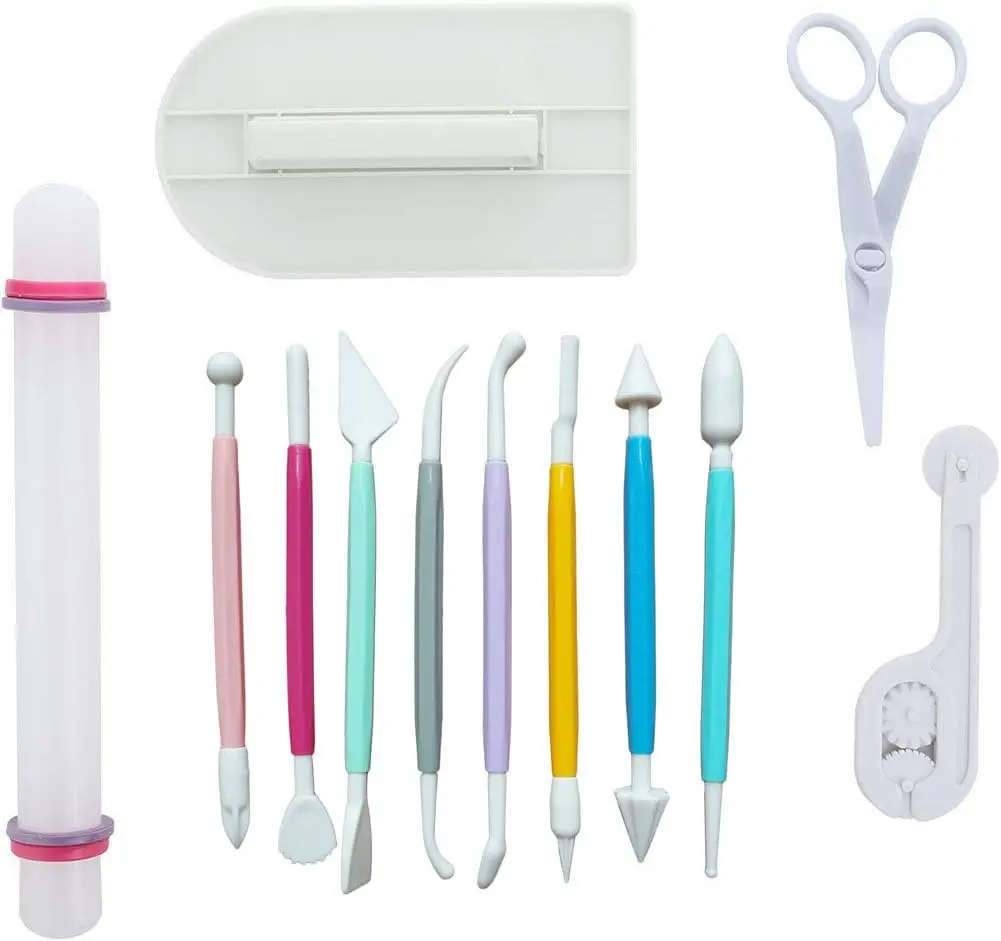 12 Pcs 5 Sets Marshmallow Fondant Cake Decorating Hand Tool Sugarcraft Gumpaste Icing Smoother Rolling Pin Trimmer Cutter Embosser Flower Scissor Modelling Accessories Supplies Kit Multi