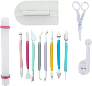 12 Pcs 5 Sets Marshmallow Fondant Cake Decorating Hand Tool Sugarcraft Gumpaste Icing Smoother Rolling Pin Trimmer Cutter Embosser Flower Scissor Modelling Accessories Supplies Kit Multi