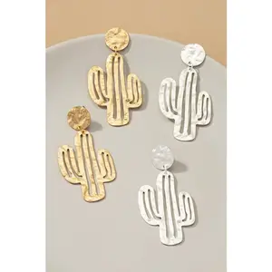 Hammered thin metal openwork cactus drop earrings