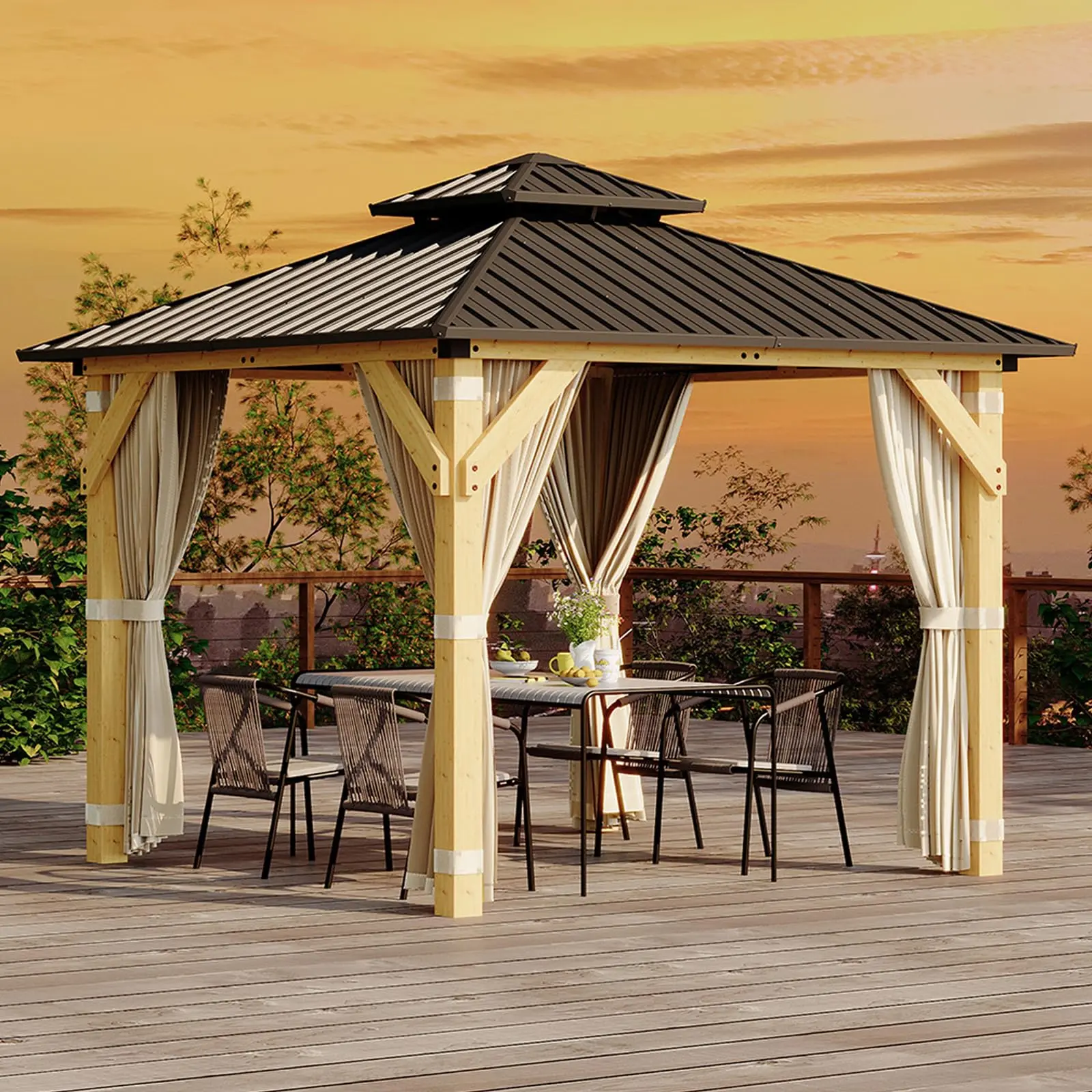 10x10 FT Superior Hardtop Wooden Gazebo, Double Metal Roof Design with Heavy Duty Spruce Frame, Complete with Mosquito Netting and Privacy Curtains, All-Weather Outdoor Pavilion in Khaki for Patio, Backyard, Deck, Lawn and Garden