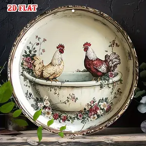 2D Flat, 1pc Vintage Rural Aluminum Metal Wall Sign - Rustic Farmhouse Chicken Coop Decor with Rooster & Bathtub, Round 7.8X7.8 Sign Suitable for Home, Garage, Cafe, Seasonal Holiday Decoration, 2D Flat