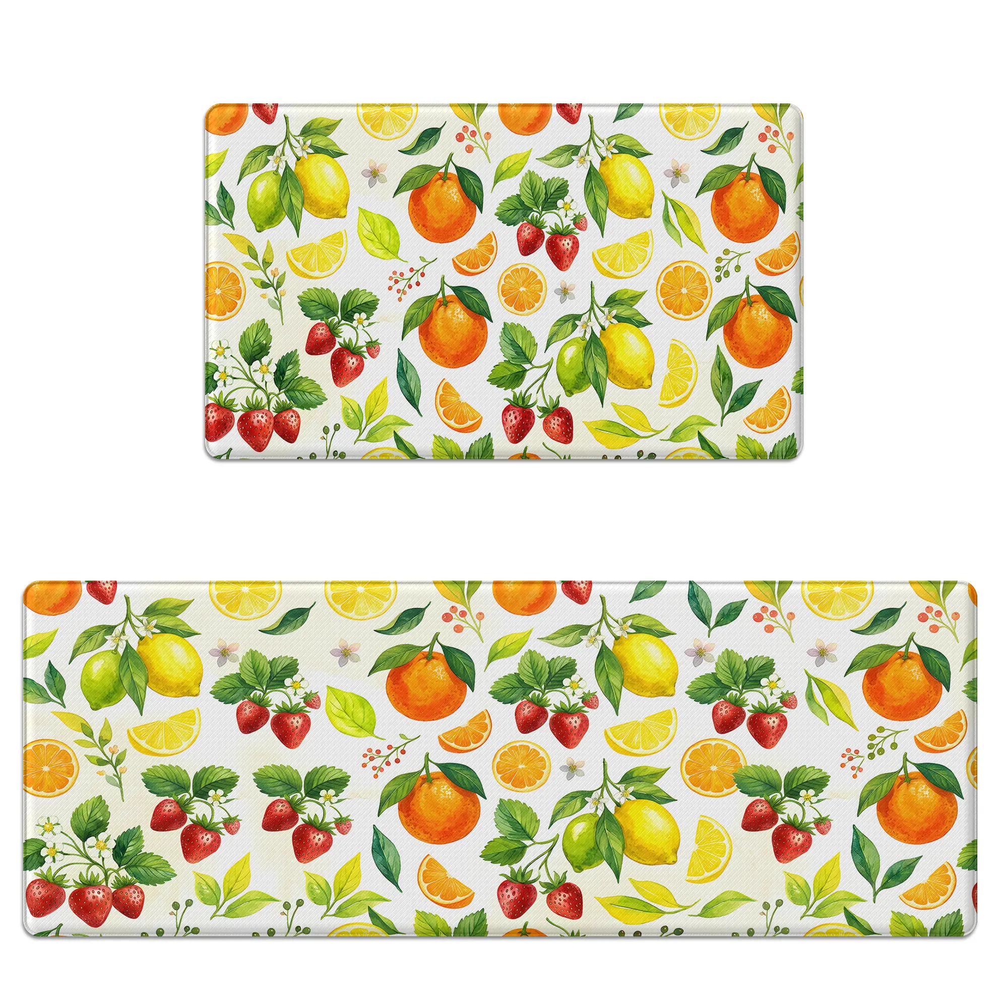 Citrus Strawberry Kitchen Rug Set of 2, Anti Fatigue Cushioned Memory Foam Mats, Waterproof Non Slip Wipeable Kitchen Runner for Sink, Laundry Room and Office
