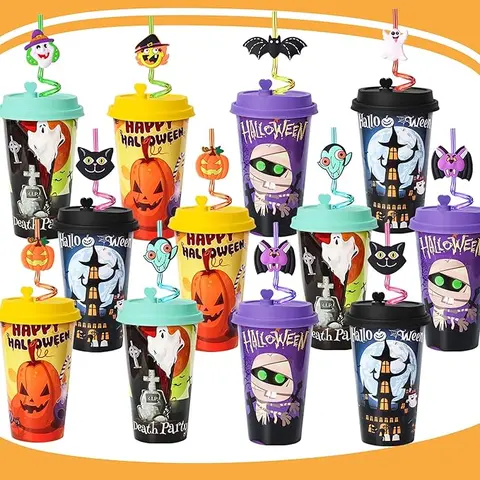 Halloween Fall Gift 24 Sets Halloween Party Favors Goodie Cups with Lids and Silly Straws Bulk, Halloween Party Decorations 16OZ Plastic Cups for Kids Party Favors Bags Stuffers Gifts