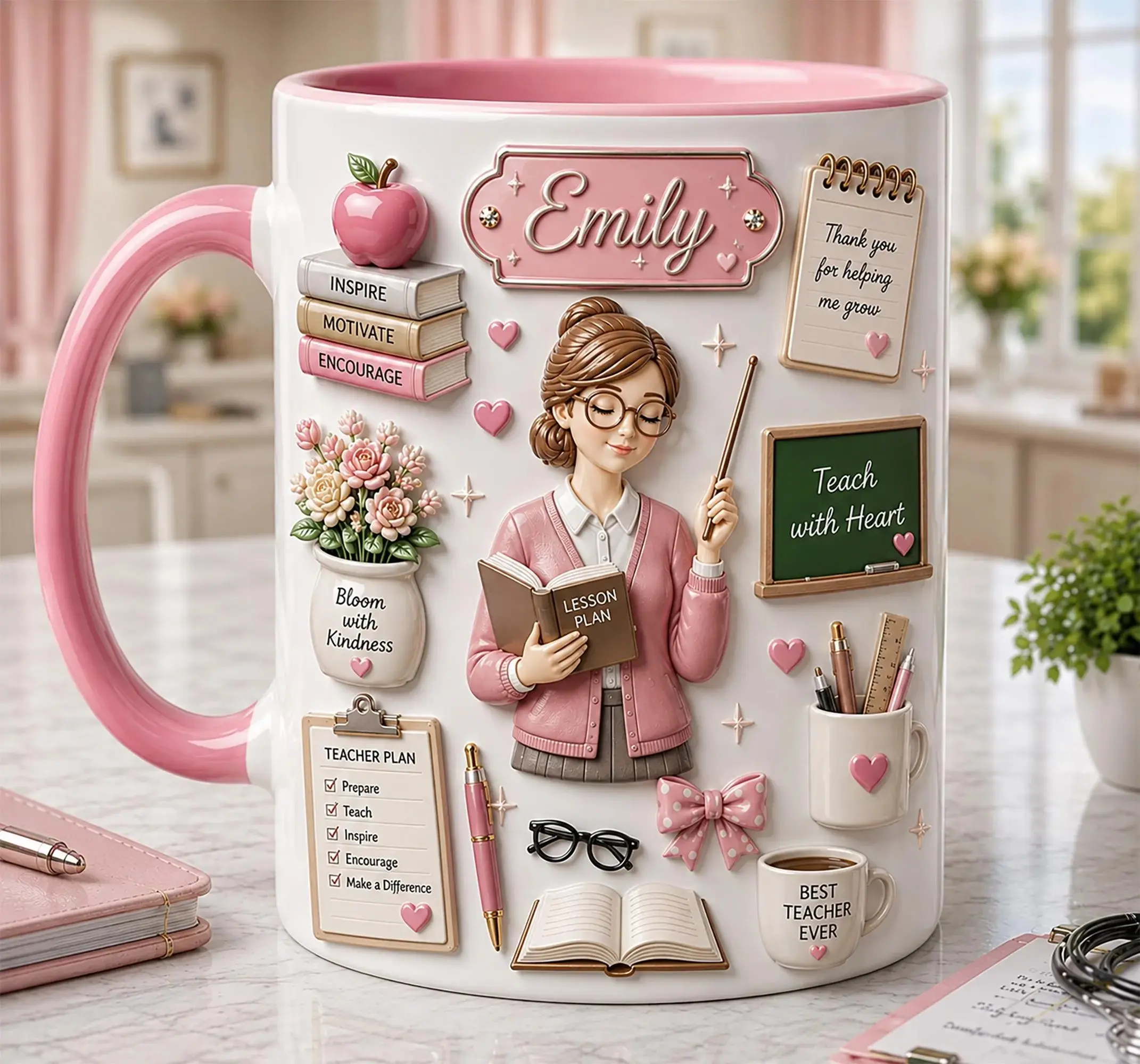 Personalized Teacher Mug Faux 3D Effect with Name, Back To School Teacher Cup, Teacher Appreciation Gift, Cute Teacher Gift for Her