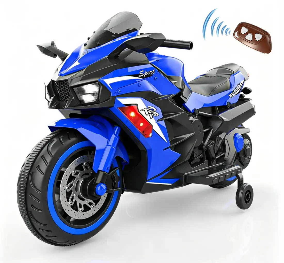 12V ABS Plastic Electric Ride-On Motorcycle Toy for 3-6 Years Unisex Kids - Battery-Powered, Remote Control, Learning Features, Engine Sound, Cool Headlights, 25 lbs-80 lbs Weight Capacity, Blue, Ideal for Birthdays