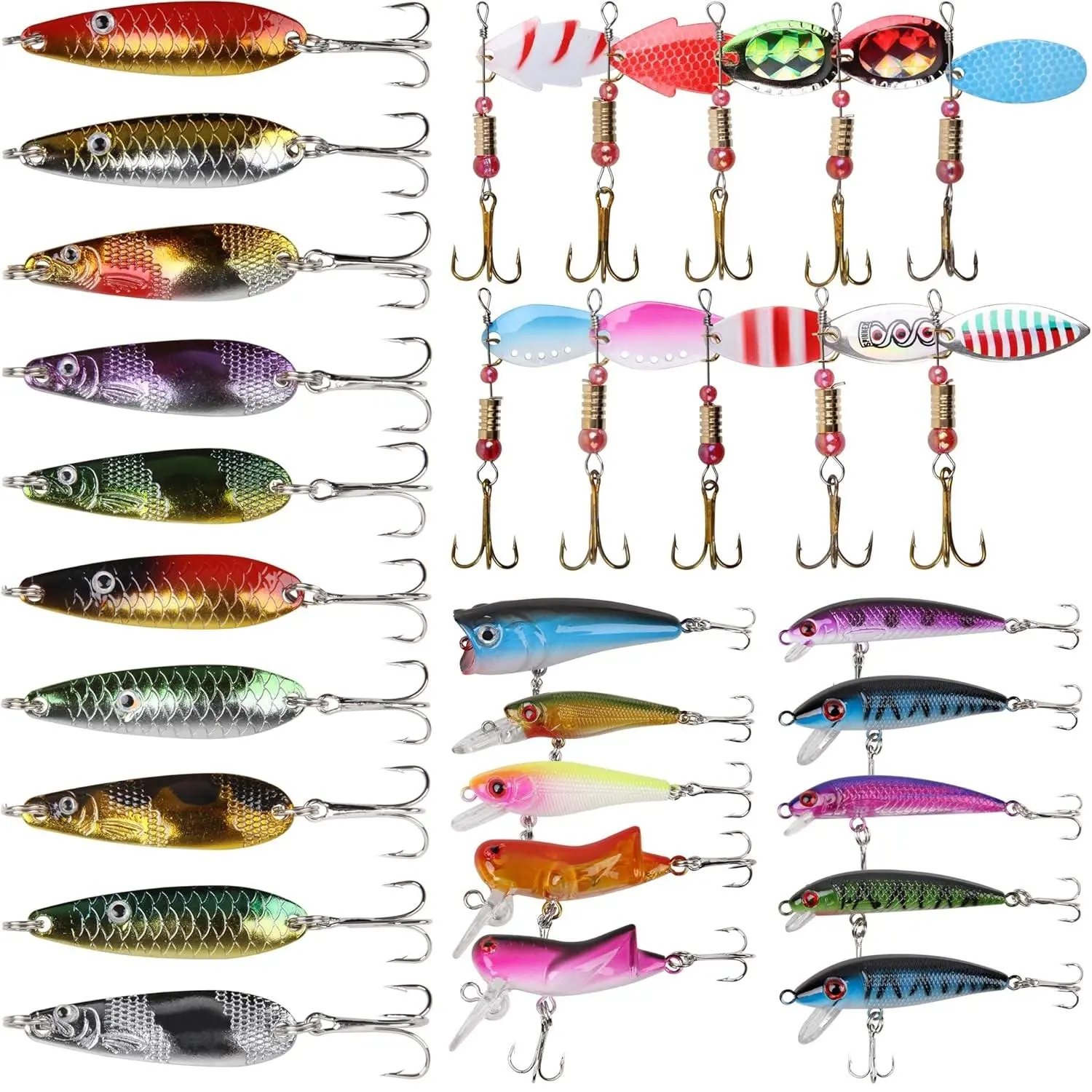 30pcs Fishing Lures Kit,  Spinner Baits Trout Lures Spoon Lures Hard Baits Crankbaits Fishing Lures for Bass Trout Crappie Walleye Fishing