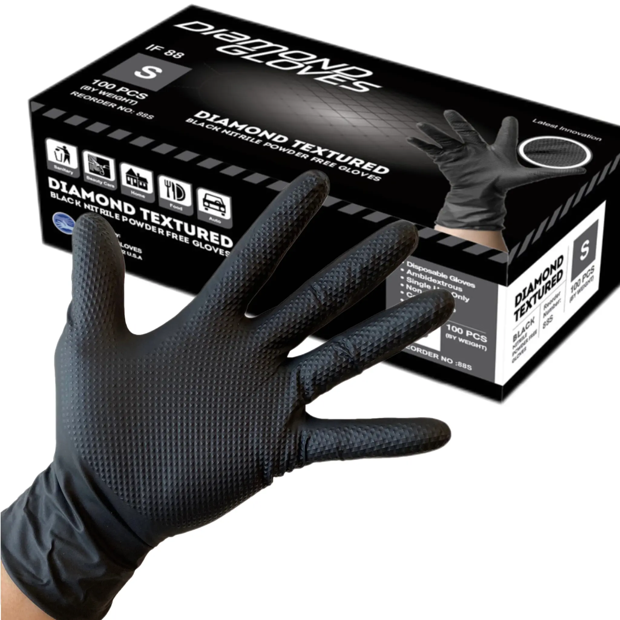 Diamond Advance 8Mil Heavy-duty Black Nitrile Disposable Gloves diamond-textured grip for industral, Latex-Free Powder-Free Cleaning Gloves Hand Household