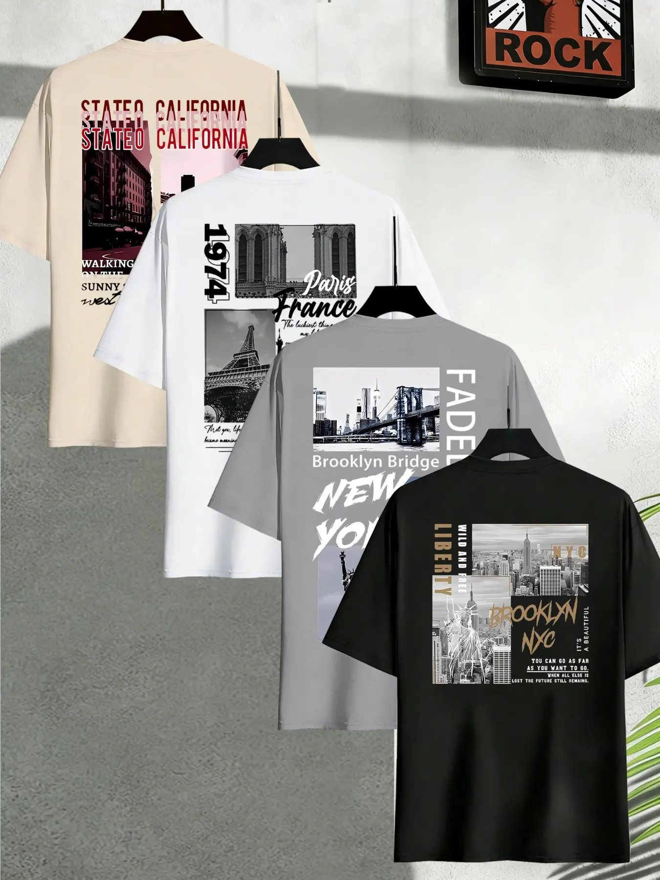 Men's Letter New York City Design Graphic Print Round Neck Short Sleeve T-Shirt, Classic Casual Comfortable Streetwear Top Casual Style Tee for Summer Outdoor Wear, 4 Pieces Set, Casual Tees