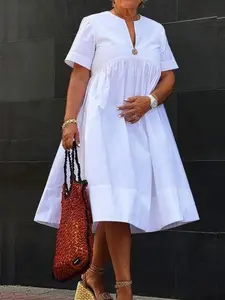 Women's Plain Dress, Casual Short Sleeve Midi Dress for Summer, Ladies Clothes for Daily Wear, Casual Dresses