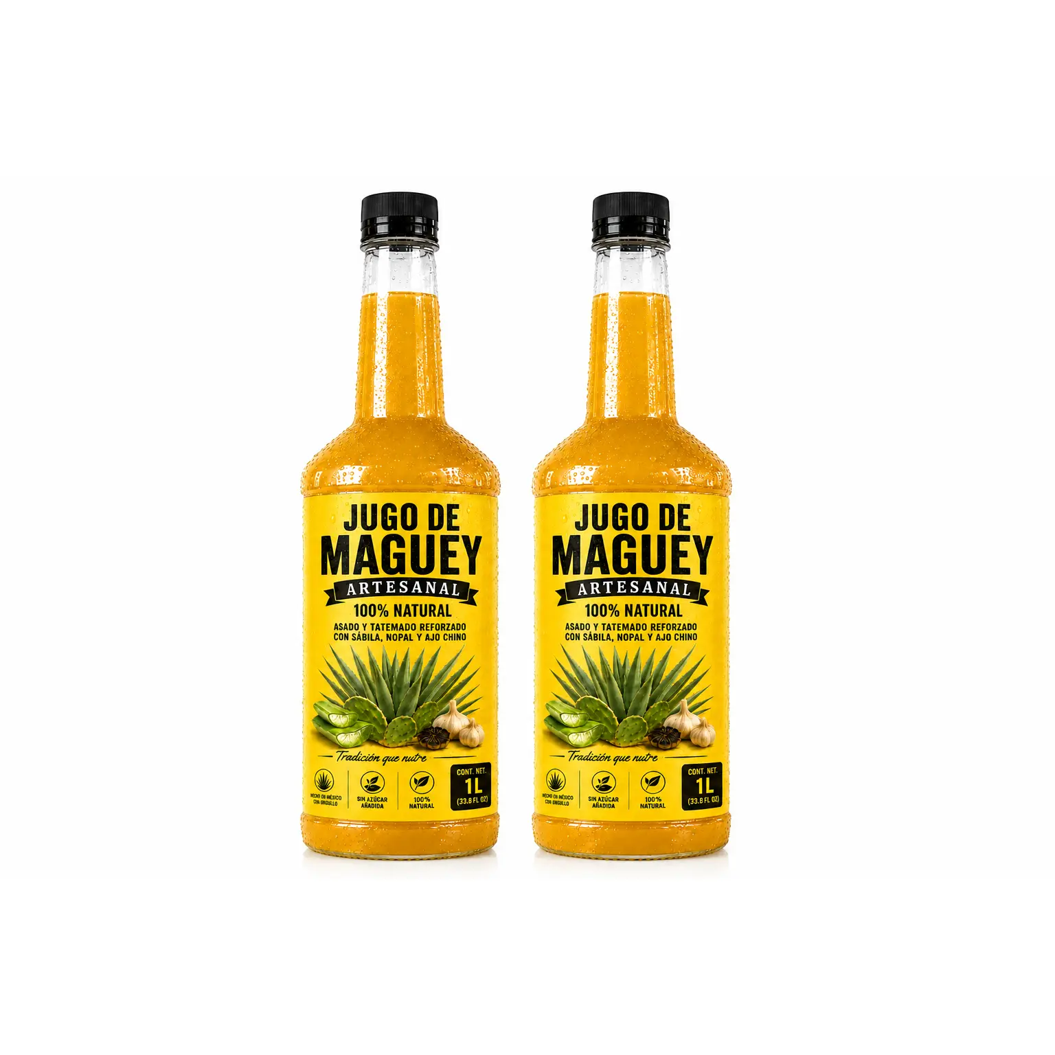 Jugo de Maguey PREMIUM Artesanal 2 Bottle Pack -  100% Natural Botanical Beverage with Roasted Maguey Aloe Vera Nopal & Garlic 1 Liter Bottle