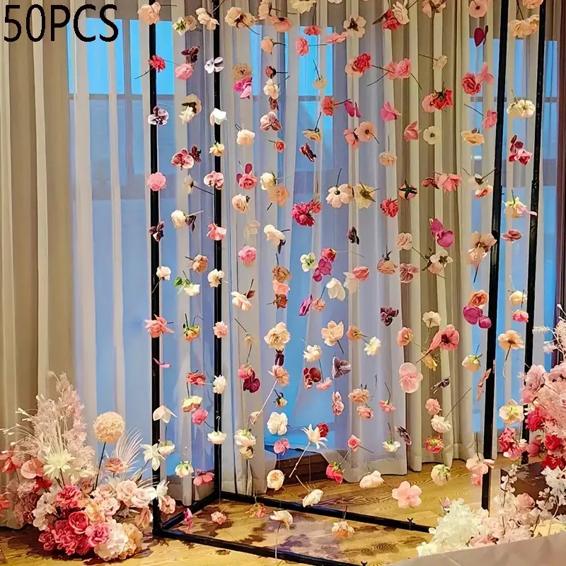 Flower Garland DIY 50pcs Artificial Flower Garland, DIY Hanging Door Curtains, Floral Hanging Decoration, 5000cm 164ft Thread, Perfect for Weddings, Engagement, Spring Decorations(Requires self-assembly), Home Decor Ornament