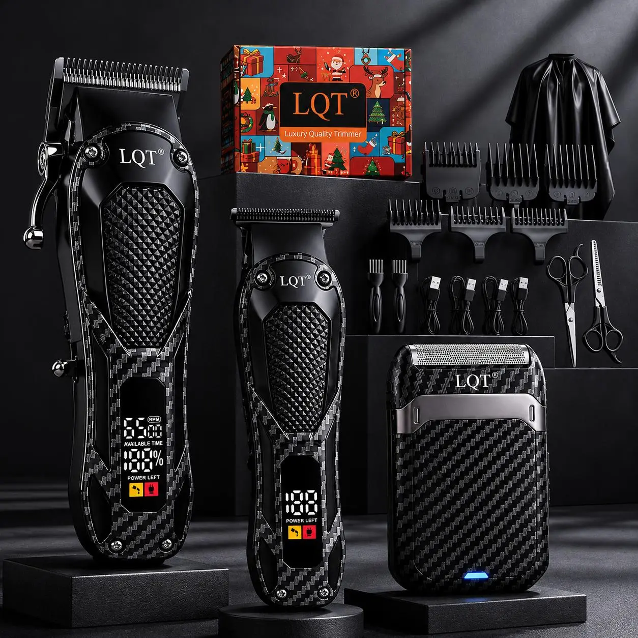 LQT 3-in-1 Men's Grooming Kit, Durable Cordless Clipper, Carving Trimmer & Facial Shaver for Professional Home Haircuts, 2000mAh Rechargeable Batteries, Carbon Fiber