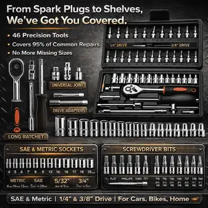 46-Piece 1/4 Inch Drive Socket Wrench Set, Universal Joints & Metric Extension Rods, Drill Bit Holder Kit, Car & Home Repair, Storage Box Included