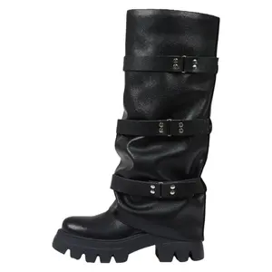 Knee High Boots for Women Fold Over Round Toe Stylish Slouchy Platform Low Heel Wide Calf Biker Moto Gothic Buckle Fashion Boots Black Casual