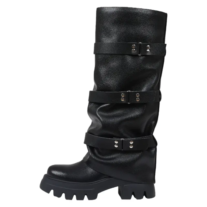 Women's Goth Moto Knee High Boots with Buckles, Slouchy Fold-Over Cuff and Wide Calf Fit, Low Platform Casual Footwear, Statement Shoes