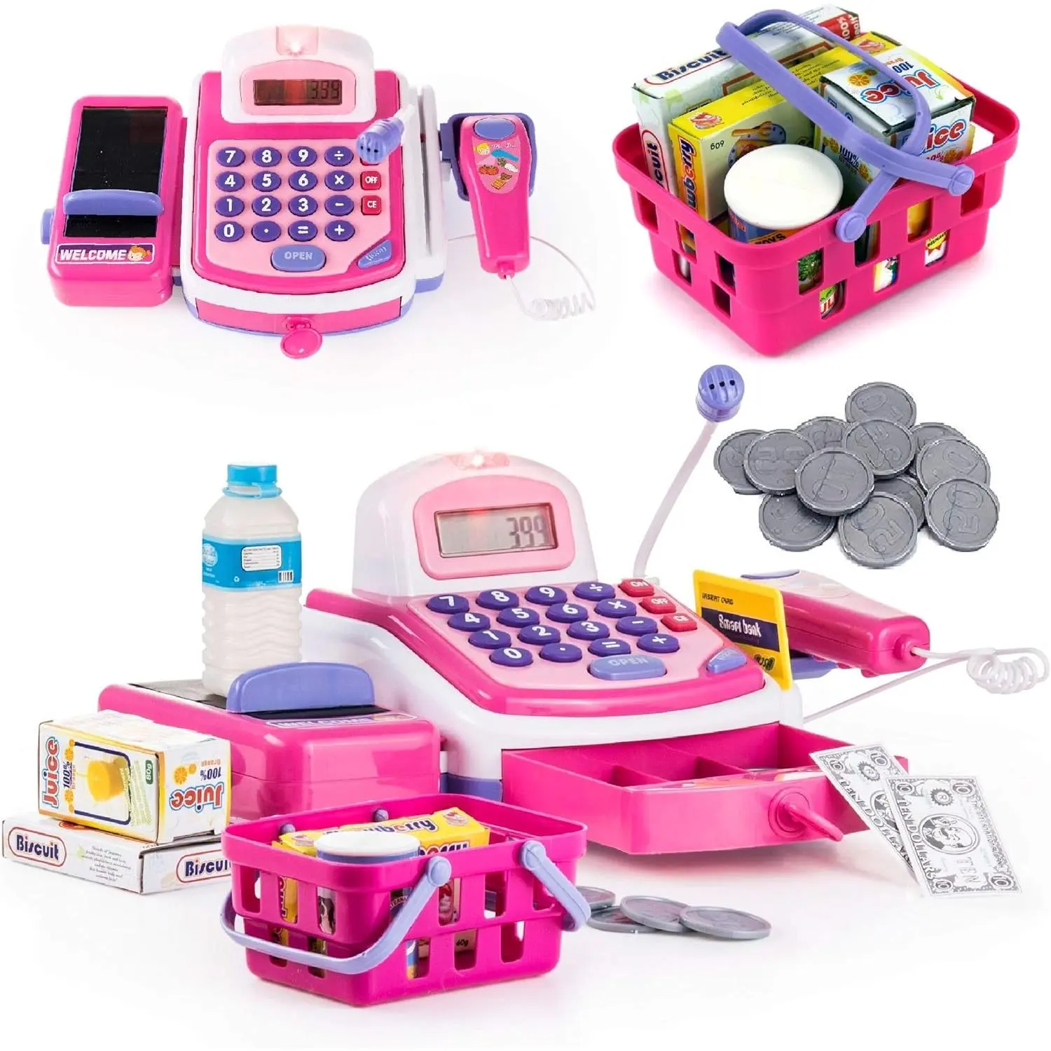 Pretend and Play Electronic Toy Cash Register, Shopping Till Includes Play Money, Scanner, Calculator, Mic Speaker for Kids, Great Gift for 3+ Year Old Girls and Boys