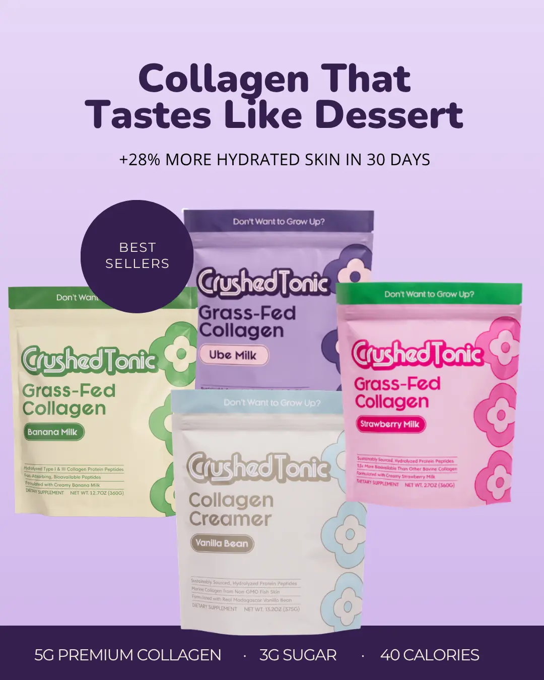 Crushed Tonic Collagen - Korean Collagen - KBeauty - Premium Hydrolyzed Marine Collagen - for Skin, Hair & Health - Gluten Free GMO Free Skin Care Hair & Nail Care - Beauty Protein Bovine Collagen - Banana Milk Ube Strawberry Milk Vanilla Bean Brothn