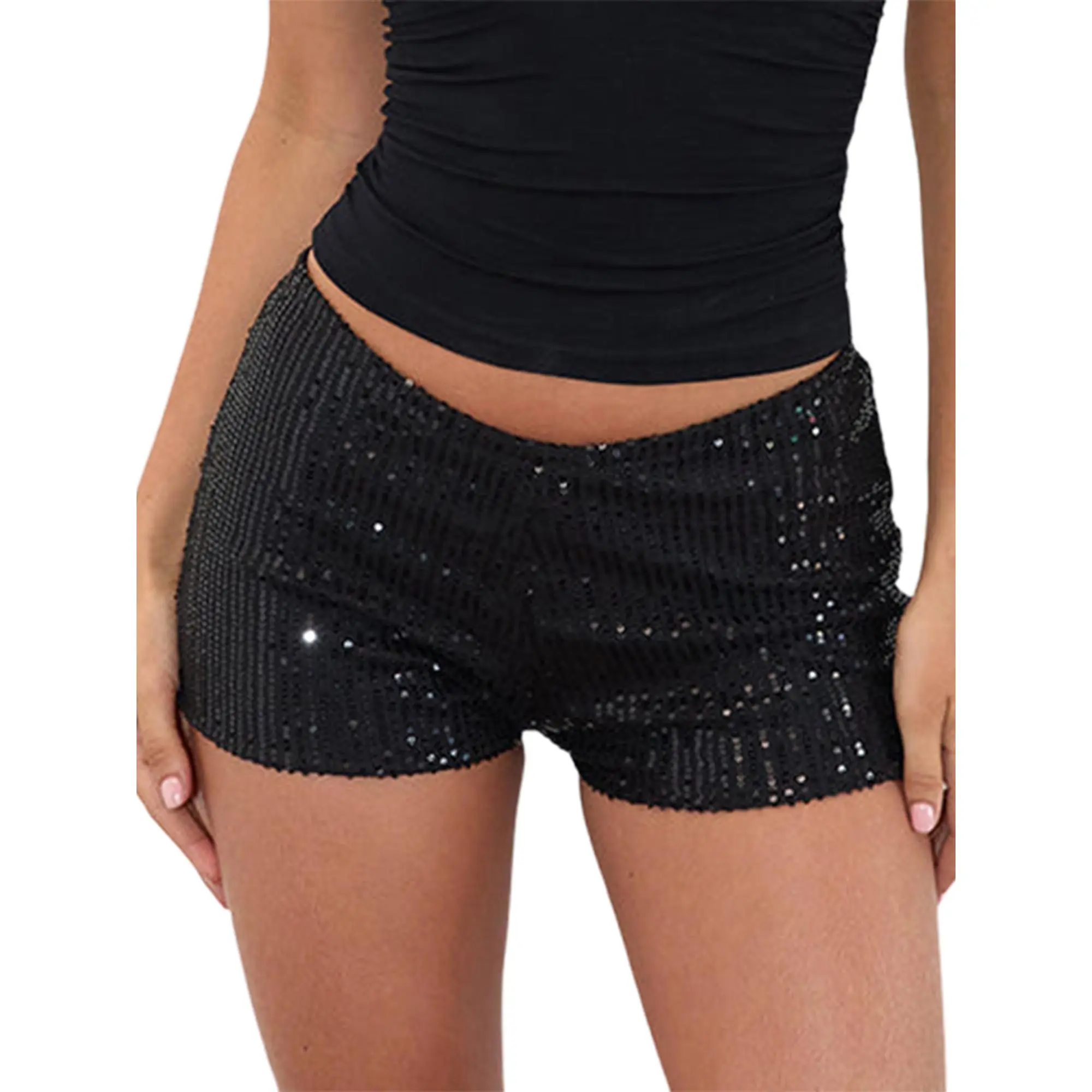 Women's Low Rise Summer Shorts - Stretchy Elastic Waistband with Sequins, Streetwear Hot Pants for Club & Vacation Womenswear Bottom