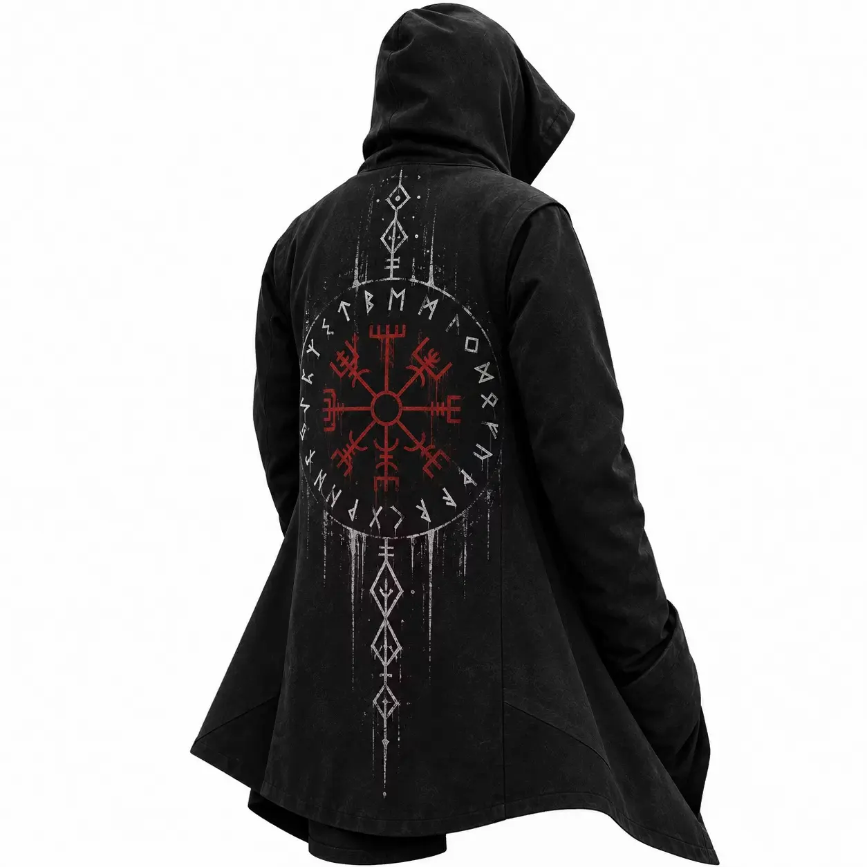 Norse Mythology Hooded Cloak Coat, Yggdrasil Tree of Life Raven Wolf Scorpion Vegvisir Rune Mid-Length Open Front Robe with White Inner Lining