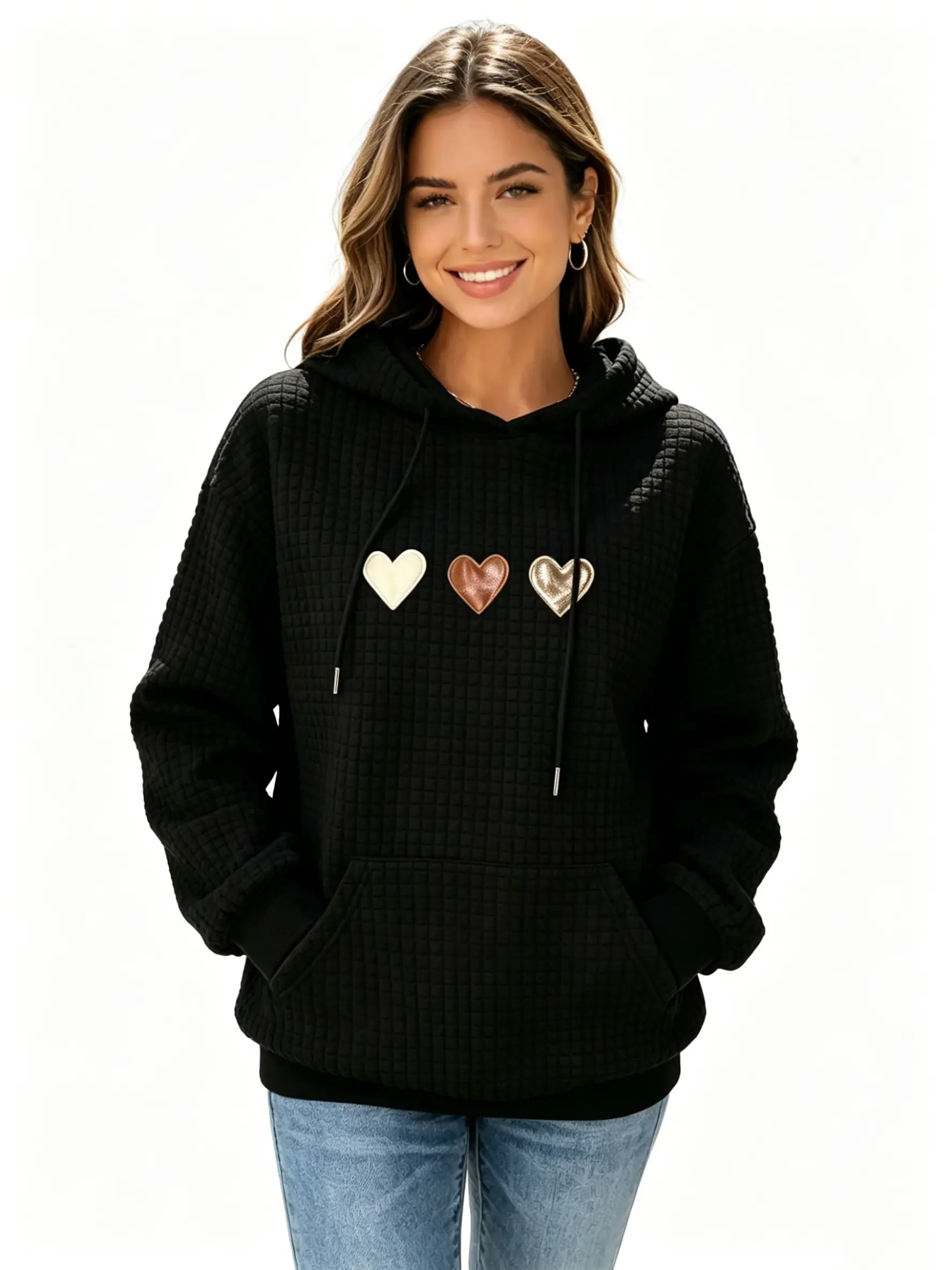 Women's clothing Heart & Patchwork Print Pullover, Casual Wear with Drawstring Hood & Relaxed Fit, Machine Washable, Waffle Fabric Women's Fashion Hoodie,Sweatshirt for Women,Summer Outfits for Women