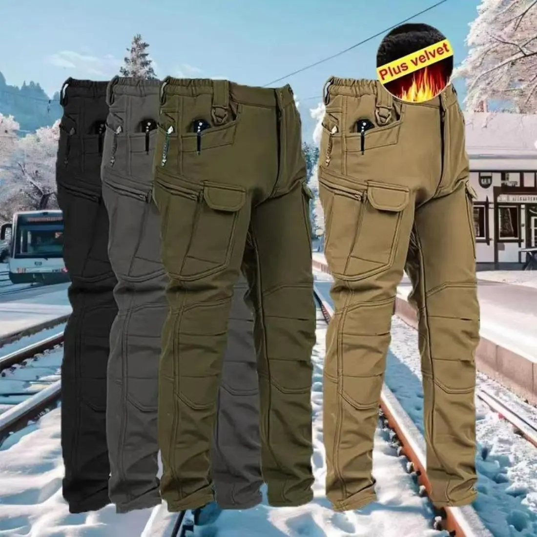 Urban Windproof/Warm Windproof Warm Men's Outdoor Military Tactical Pants Soft Shell Fleece Waist, Woven Fabric, 320G/M2, with Pockets, No Belt, Casual Weekend Wear, Autumn/Winter Season, Stretchy, Earth Tones