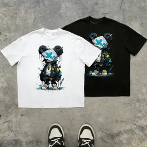 Men’s cyberpunk graffiti robot bear X-eye cartoon character print T-shirt, 100% pure cotton, TikTok 2025 trend, black loose oversized fit, urban techwear styling, Y2K street casual short sleeves, a must-buy under $10.