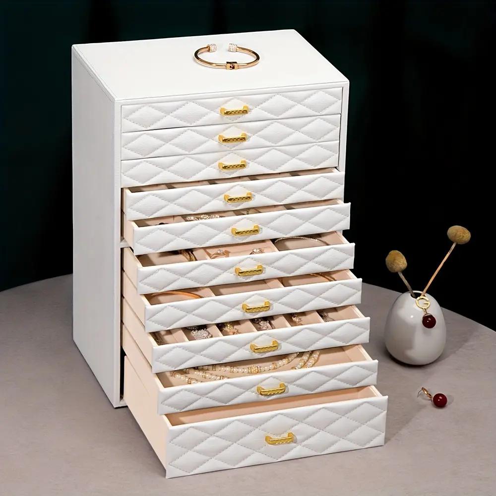 FEIYAN Extra Large 10-Tier Jewelry Box with Drawer - Large Faux Leather Storage Case Suitable for Women &, Wood Frame, Closure, Velvet Lining - Christmas Gift, Dresser or Desk Organizer, Multi-Layer Jewelry Display, Jewelry Boxes