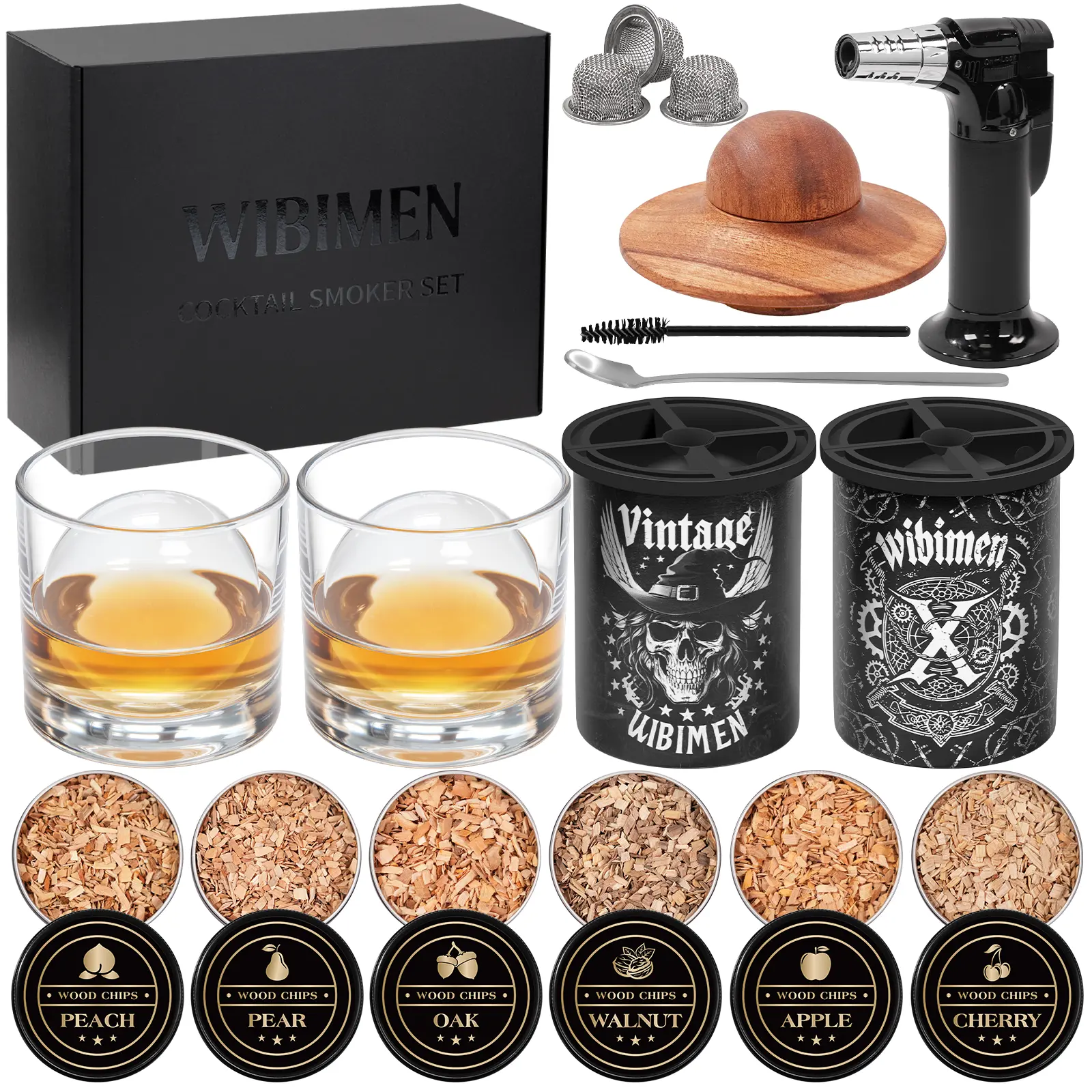 Summervibes Whiskey Smoker Kit with Clear Ice Mold – Old Fashioned Cocktail Smoker Kit, 6 Flavors Wood Chips, Clear Ice Cube Maker for Transparent Ice, Gift Set for Men, Bourbon Whiskey Gifts (Without Butane)