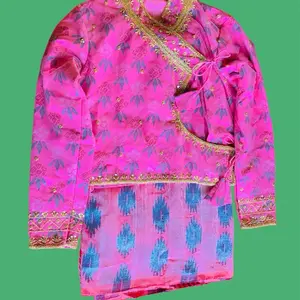 Dhaka Saree Set - Pink Color with Blue Patterns and Gold Embellishments - Product Description Provided