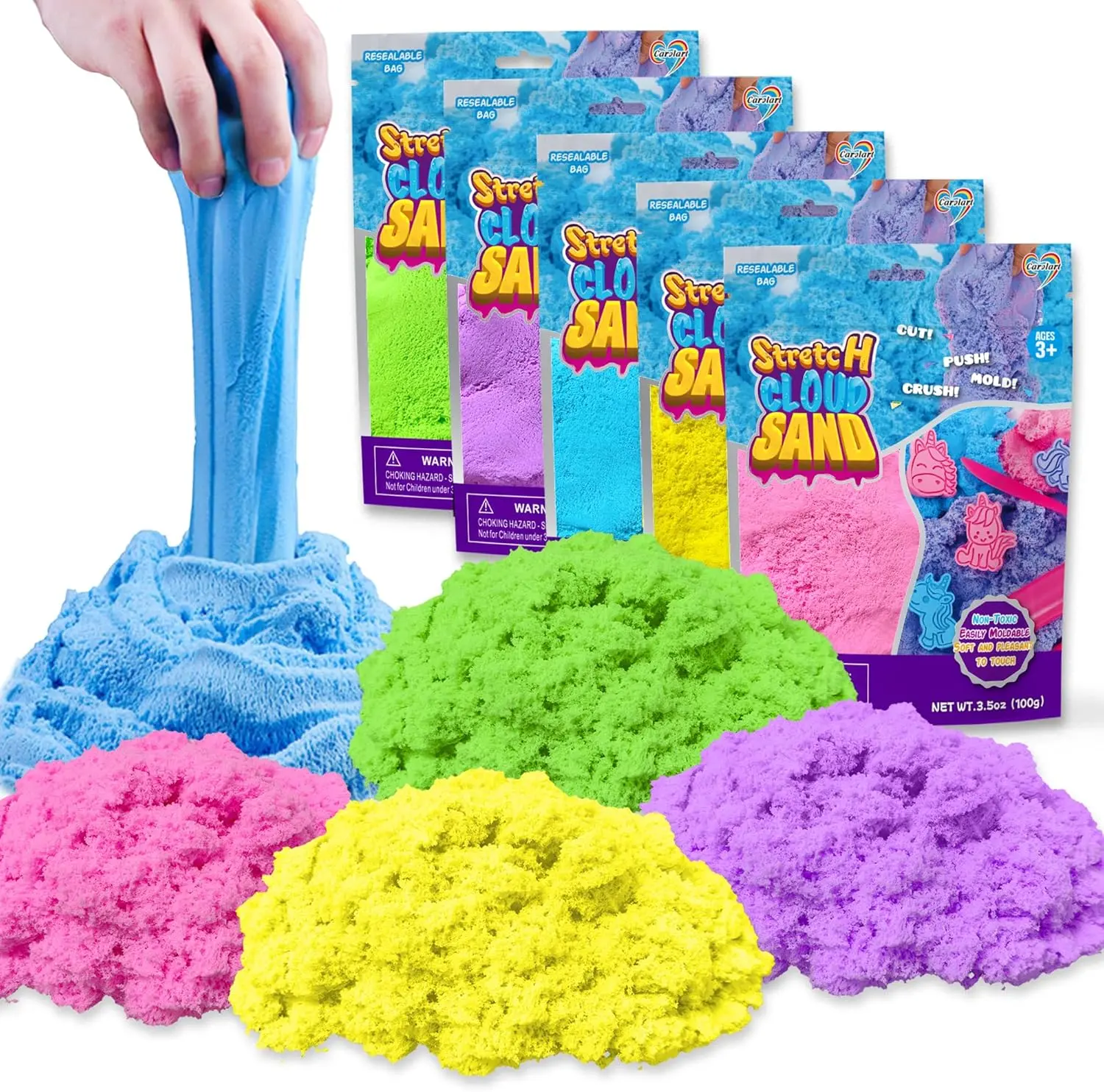 CAROLART Stretchy Sand Sensory Play Refill, 5-Pack Multi Color Set, Moldable Bin Filler, Soft Mess-Free Travel Kids Toy, Safe Creativity-Encouraging Classic Stress Relief Toy for 4-6 Years