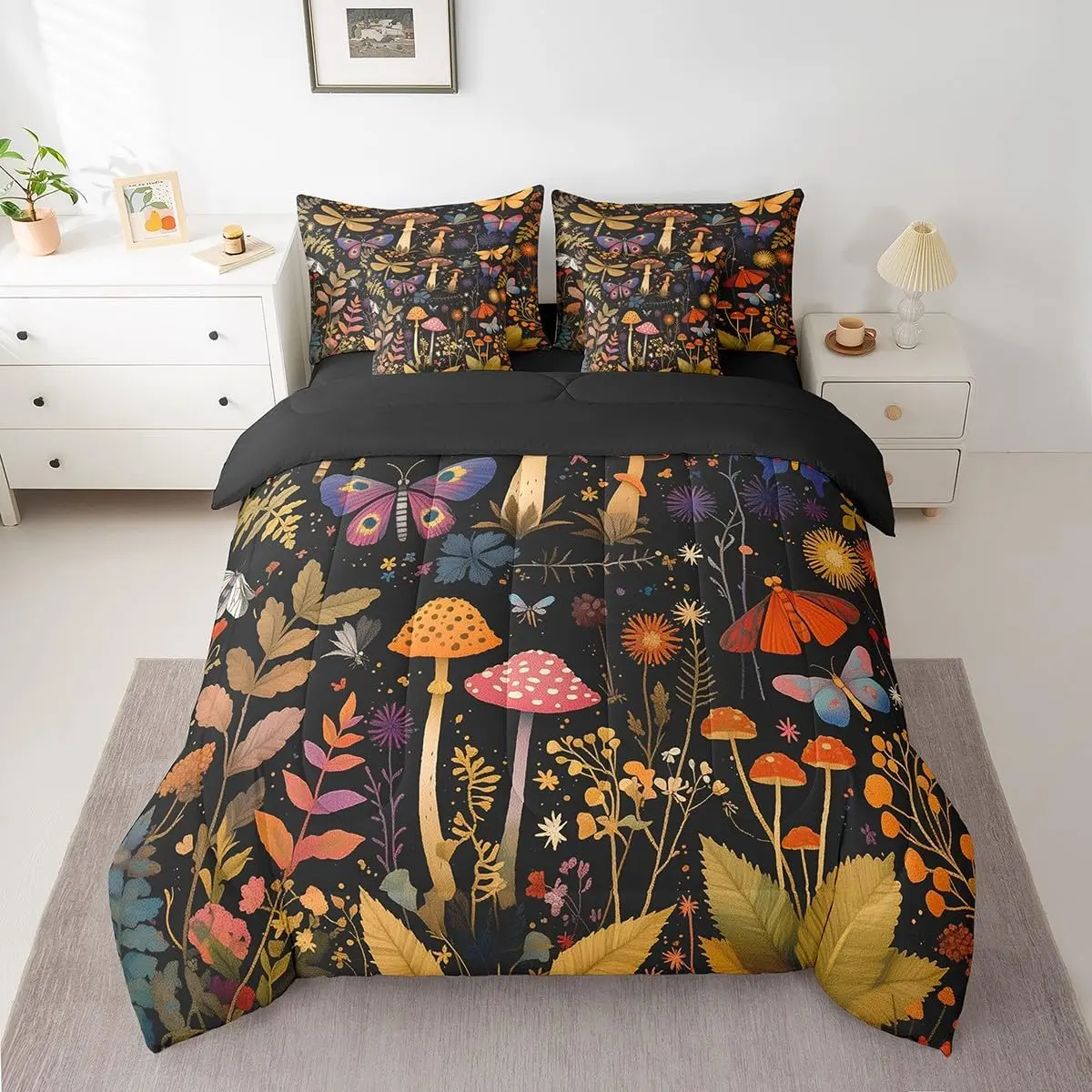 Mushroom 7 Pieces Bedding Set Boho Comforter Set with Sheets Death Moth Bed in a Bag Flowers and Plants Bed Set