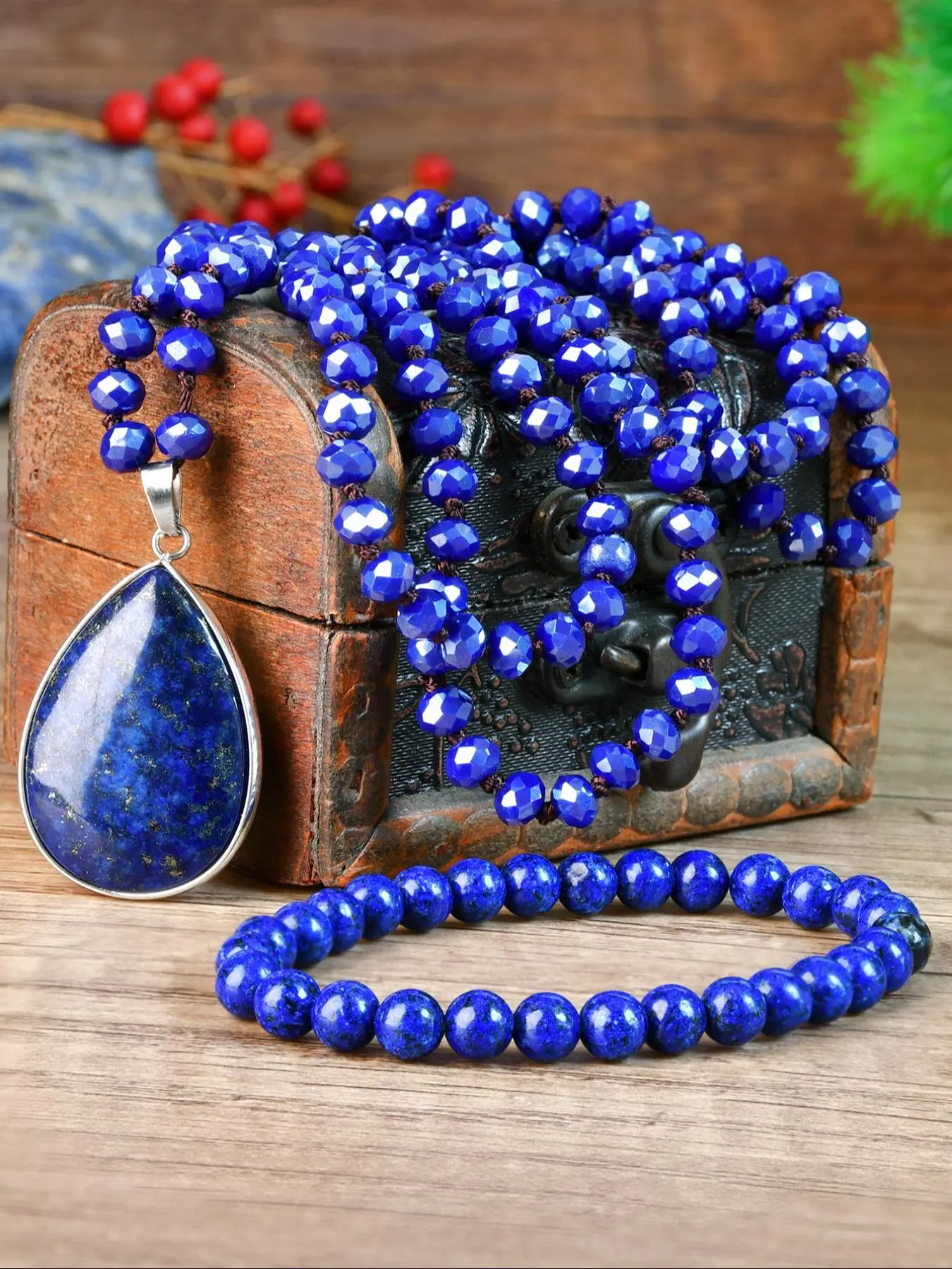 Lapis Lazuli Gemstone Necklace & Bracelet Set, Drop Shaped Pendant Necklace & Beaded Bracelet, Fashion Jewelry Accessories for Women & Men