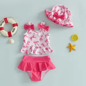 Afunbaby Toddler Baby Girls Swimsuit Summer Beach Bathing Suit Sleeveless Bikini Top Ruffle Shorts with Hat 3 Pieces Swimwear