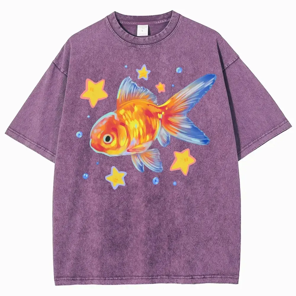 Cute Starry Goldfish Kawaii Aesthetic T-Shirt, Vintage Washed Tee, Colorful Watercolor Fish Graphic Shirt, Gift For Animal Lovers