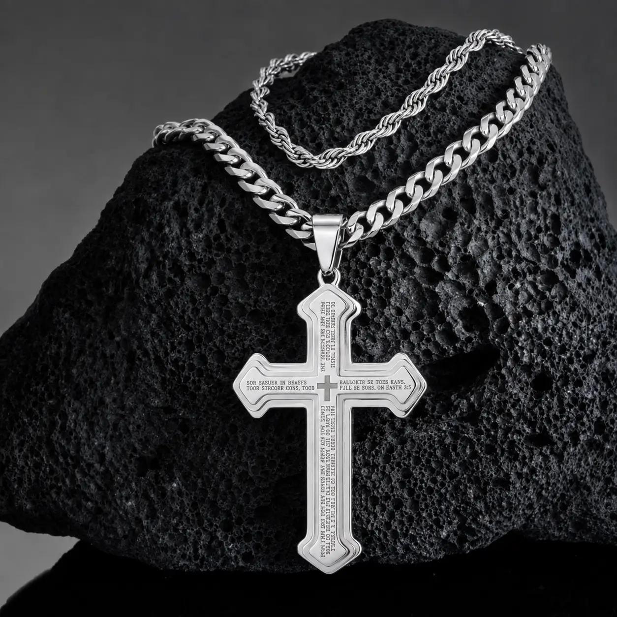 Men's Stainless Steel Lord's Prayer Cross Shape Pendant Necklace, Large Pendant, Sturdy 24" Long Cuban Link Chain, Men's Accessories