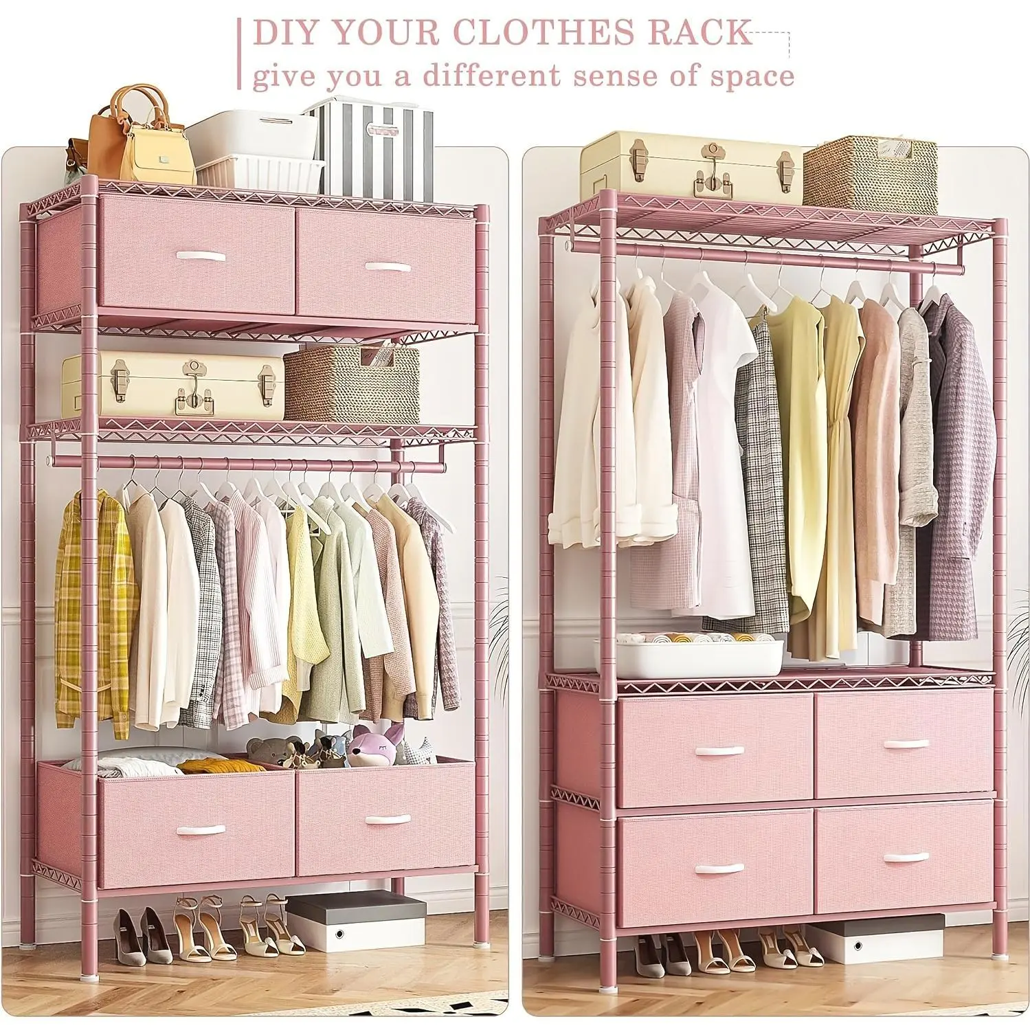 Heavy Duty Clothes Rack, Clothing Rack For Hanging Clothes With 4 Drawers Load 420LBS, Easy To Assemble, Sturdy & Durable Design, Large Capacity For Coats, Shirts, Closet Organizers And Storage, Furniture For Home, Christmas Decorations, Pink