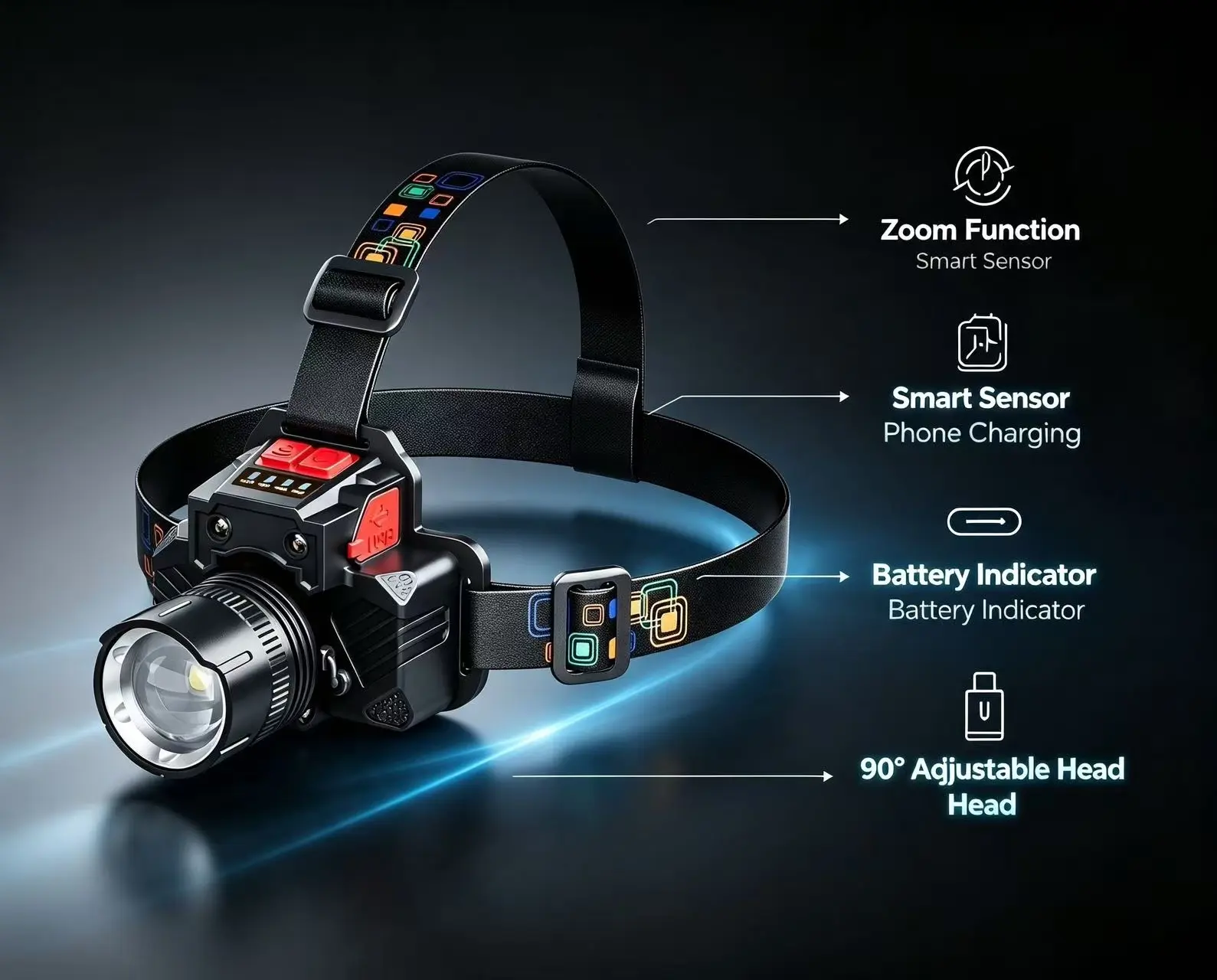 Zoomable LED Headlamp with Smart Motion Sensor, USB Rechargeable Head Light, 90° Adjustable Angle, Water Resistant Head Flashlight for Camping, Fishing, Outdoor Working