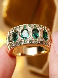 Double Row Oval Gemstone Crystal Engagement Ring, Women's Festival Party Jewelry Gift Accessory, Elegant Bridal Band