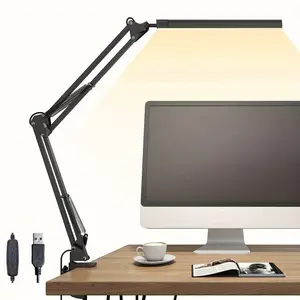 LED Long-Arm Eye Protection Desk Lamp, Articulated Arm Clamp Light, Adjustable Folding Table Lamp with USB, Modern Workstation Task Lamp for Reading and Studying, 3 Color Temperatures, Suitable for Office, Study Room, Adjustable Angel, Adult Playroom