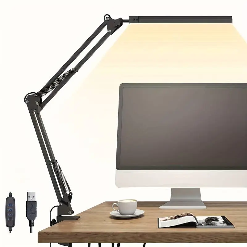 LED Long-Arm Eye Protection Desk Lamp Articulated Arm Clamp Light Adjustable Folding Table Lamp with USB 3 Color Temperatures 10 Brightness Levels Memory Function for Office Study Room