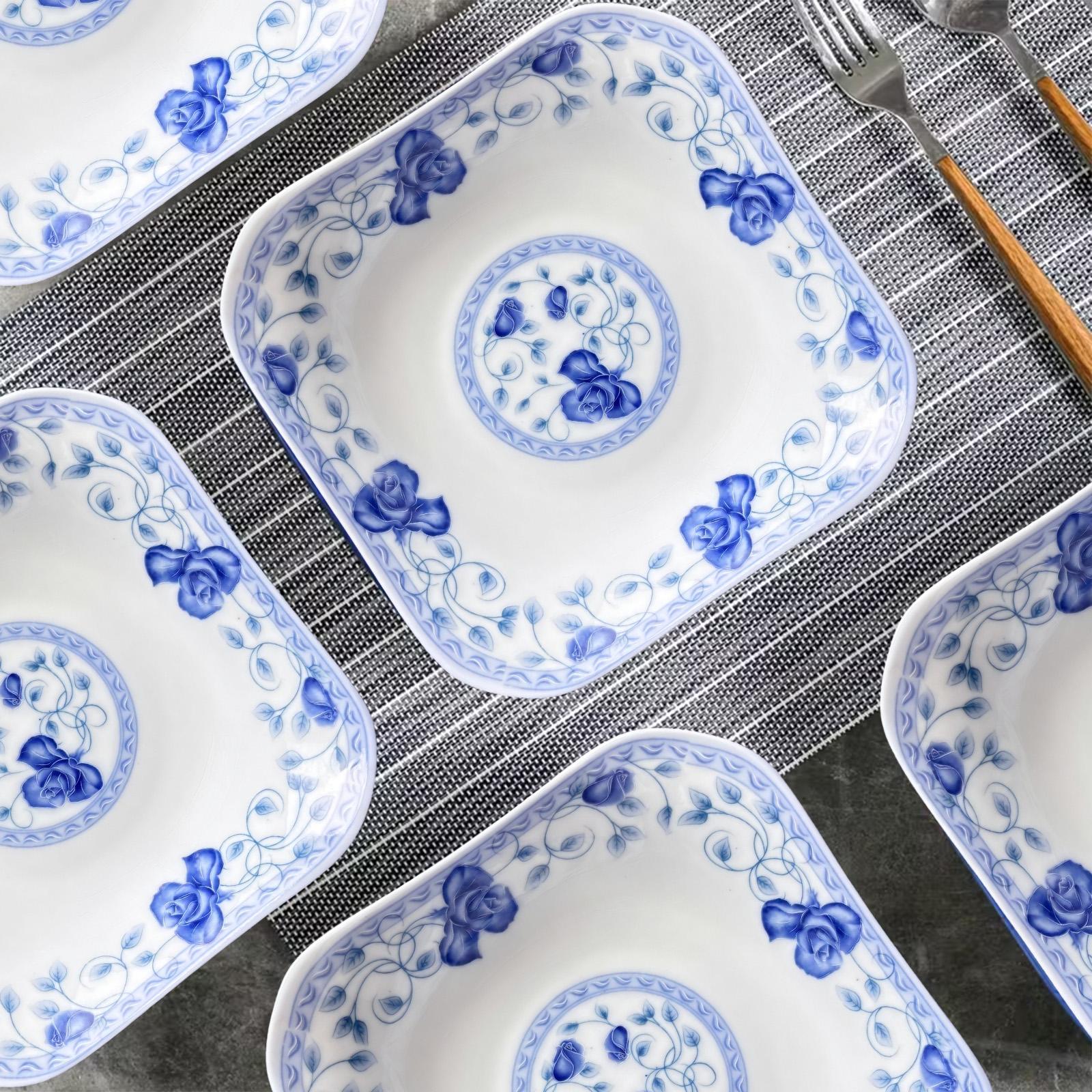Viral Chinese Style Blue Rose Square Plates Set of 4! 8 Inch Underglaze Ceramic Serving Plates, Microwave & Dishwasher Safe, Thickened Anti-Scald Stackable Plates for Pasta, Salad, Home Kitchen Upgrade Must-Have!