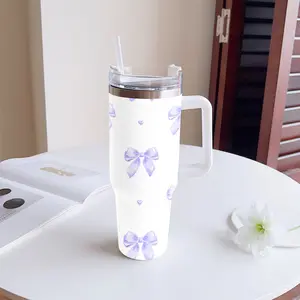 40oz thermos, Coquette Purple Cute Bow Heart Pattern, lid & straw, double-wall stainless steel vacuum cup for hot & cold drinks, gift for sports lovers family classmates, basketball football cycling all seasons