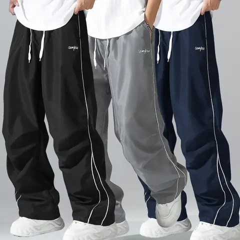 Men's 3-Piece Sporty Joggers Set - Side Stripes Track Pants, Relaxed Sweatpants, Baggy Athleisure Style Pants, Breathable Lightweight for Daily Leisure & Sports,sohochic