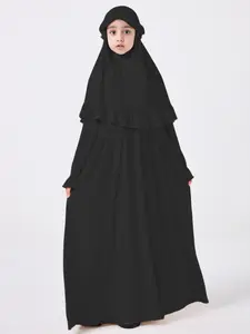 Two-Piece Set Girl's Solid Flounce Sleeve Abaya Dress & Ruffle Trim Hijab Set For Muslim, Modest Long Sleeve Round Neck Dress & Hijab for Daily Wear, Kids Clothes for All Seasons